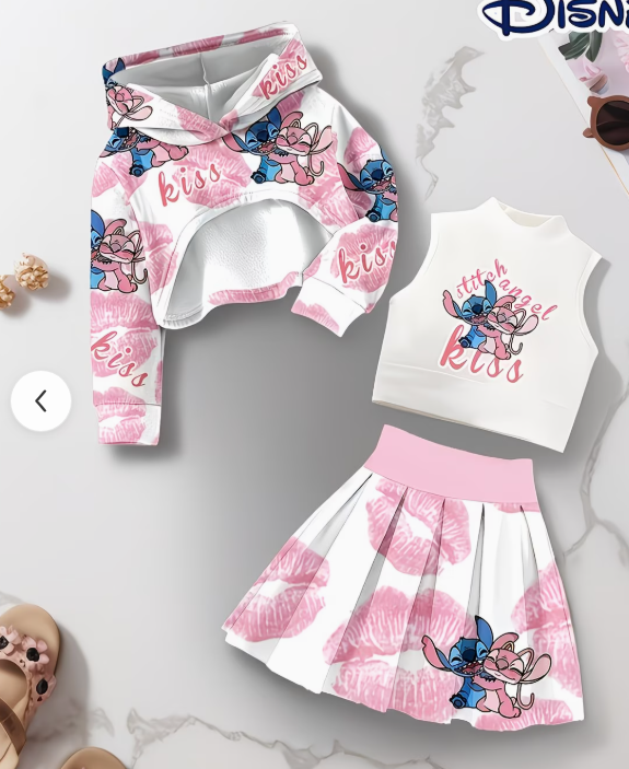 Ensemble 3 pièces Stitch & Angel – Hoodie, Top & Jupe