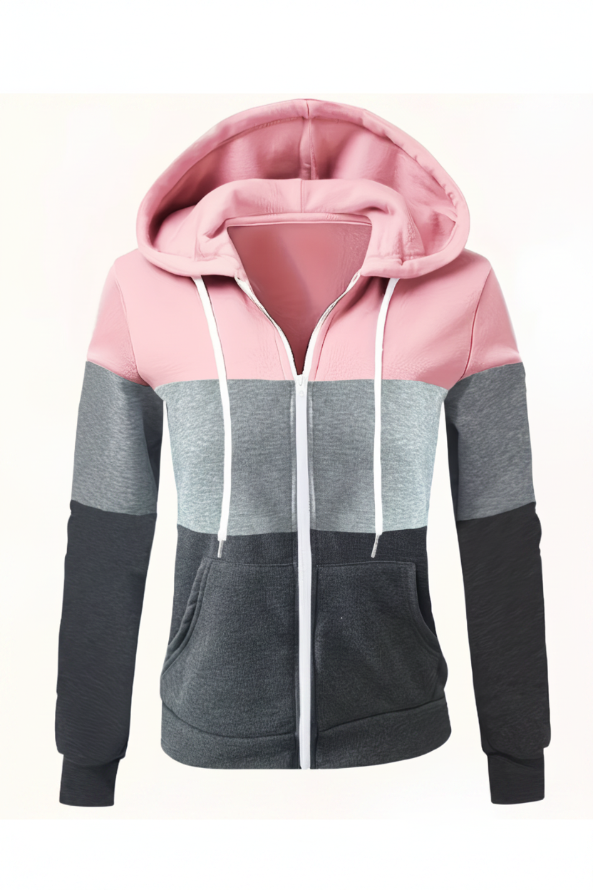 Hoodie Zippé Femme Color Block – Rose & Gris | Capuche | 5 Tailles