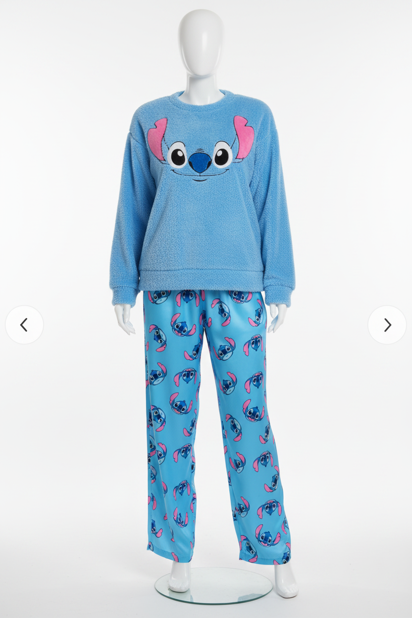 Pyjama Stitch Femme – Ensemble Polaire Bleu | Haut Peluche + Pantalon Imprimé