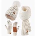 Ensemble Hiver 3 Pièces – Bonnet Pompon + Écharpe + Gants Tactiles | Blanc Crème