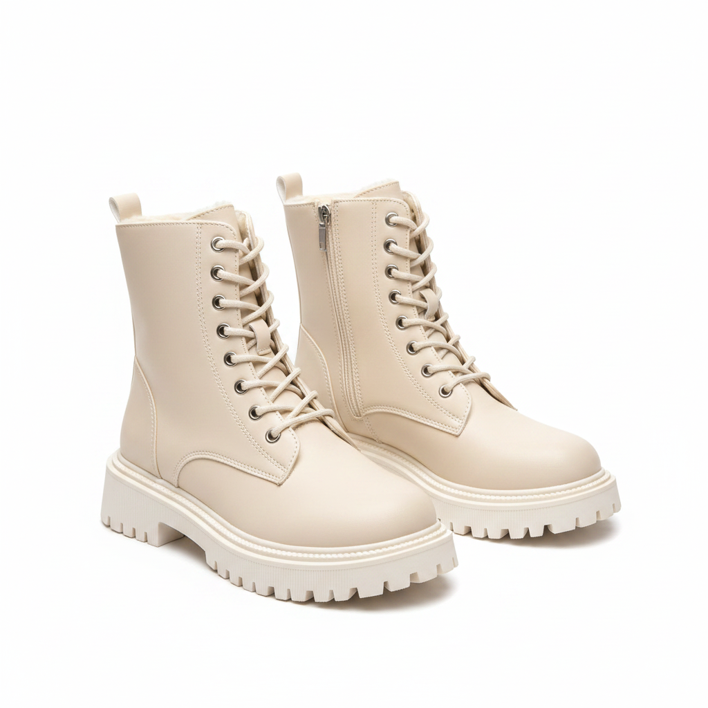 Bottines Fourrées Femme – Beige | Lacets + Zip | Semelle Plateforme