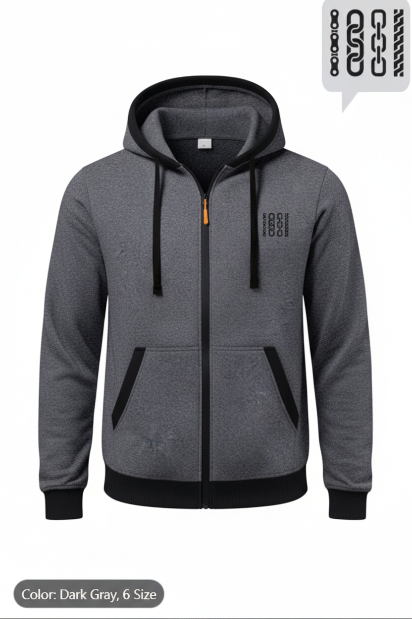 Hoodie Zippé Homme – Gris Foncé | Contrastes Noirs | Fermeture Orange | 6 Tailles